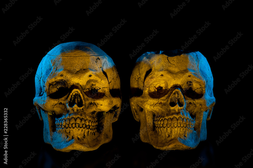 Ceramic skulls on black background. Halloween decor.
