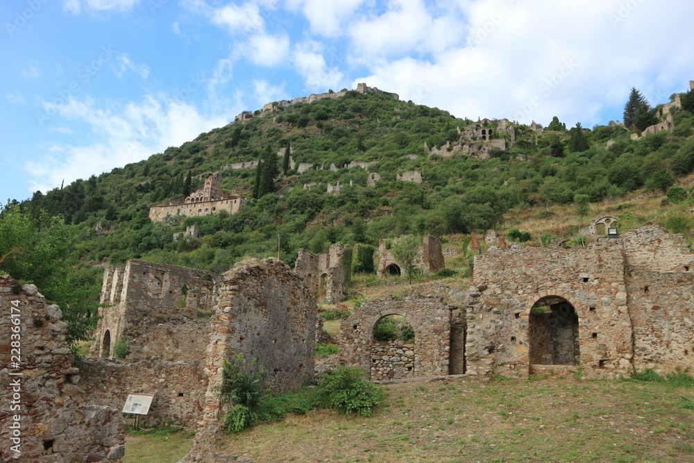 Panoramic view to old abandoned city of Mystras, Peloponnese, Greece