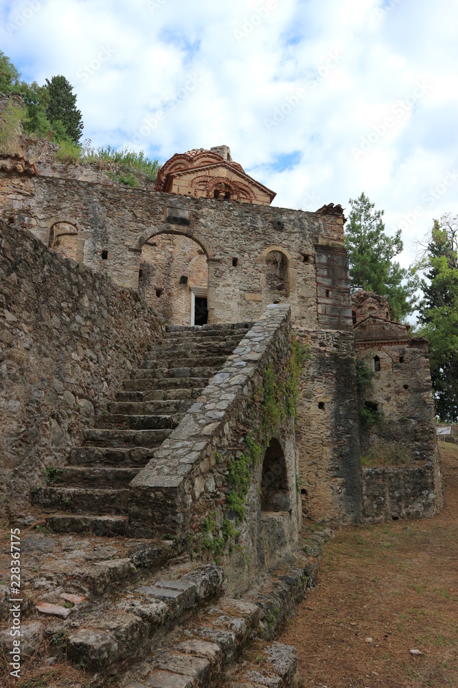Stairway to Peribleptos Monastery, ruins of abandoned ancient city Mystras, Peloponnese, Greece