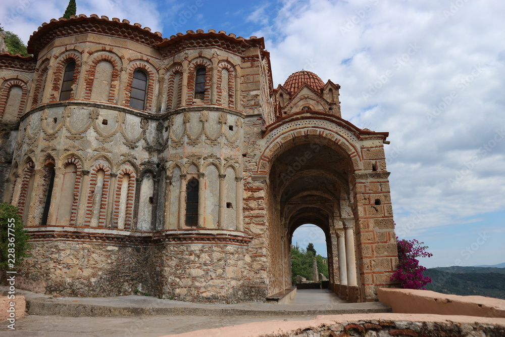 Closeup view to byzantium Pantanassa's Monastery in ancient abandoned city Mystras, Peloponnese, Greece
