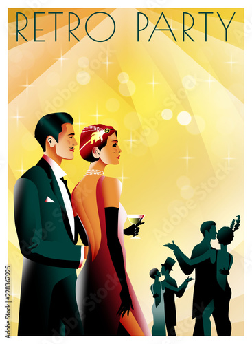 Couple at a party in the style of the early 20th century. Retro party invitation card. Handmade drawing vector illustration. Art Deco style.