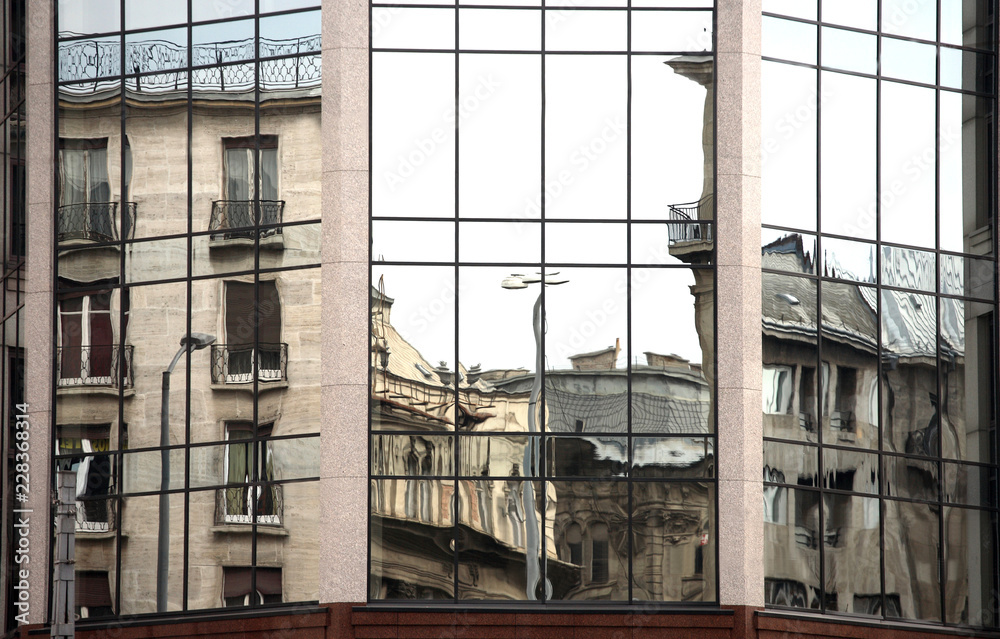 Reflections in the window of modern building, Budapest, Hungary Reflections in the window of modern building, Budapest, Hungary