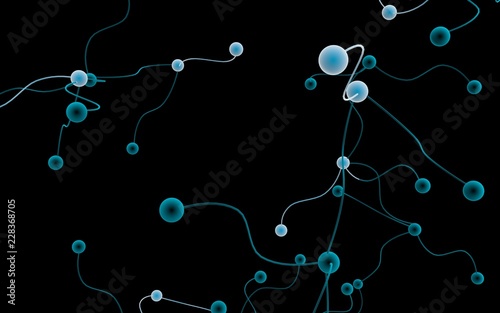 Neural network. Social network. Futuristic dna, deoxyribonucleic acid. Abstract molecule, cell illustration, mycelium. Dark background. 3D illustration