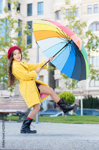 Stay positive fall season. Colorful fall accessory positive influence. Ways brighten your fall mood. Girl child long hair ready meet fall weather with umbrella. Colorful accessory for cheerful mood