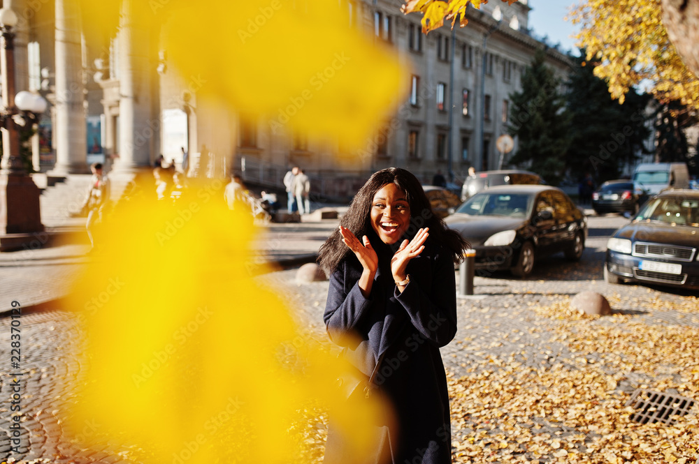 Fototapeta premium Stylish african american girl in blue coat posed at sunny autumn day. Africa model woman.