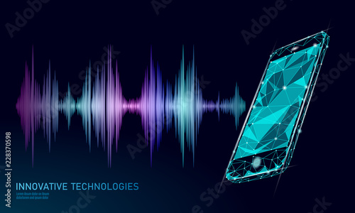 Sound recognition voice assistant low poly smartphone. Wireframe mesh polygonal 3D render sound innovative technology waveform. Audio equalizer digital computer concept vector illustration