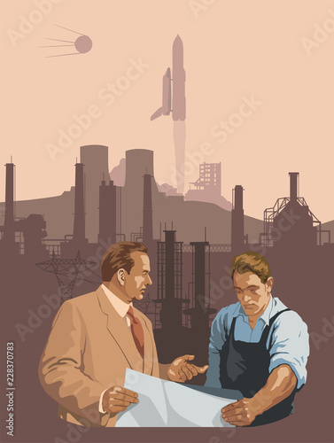 The foreman and worker discuss the construction plan against the background of the industrial landscape. Scientific progress. Vector illustration