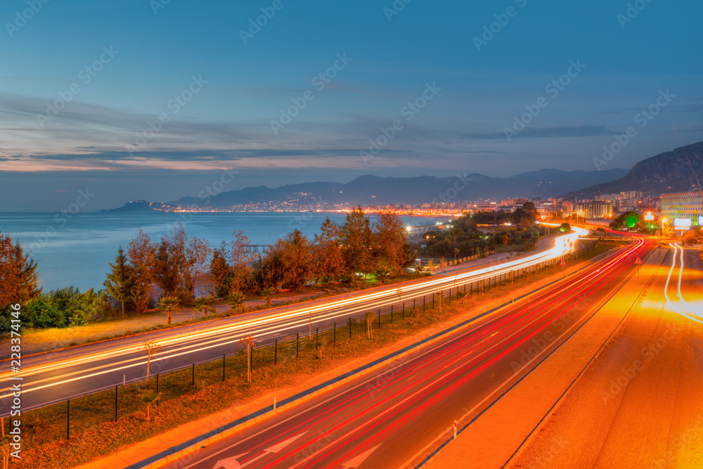 Long exposure photo of traffic on the move -Alanya, Turkey