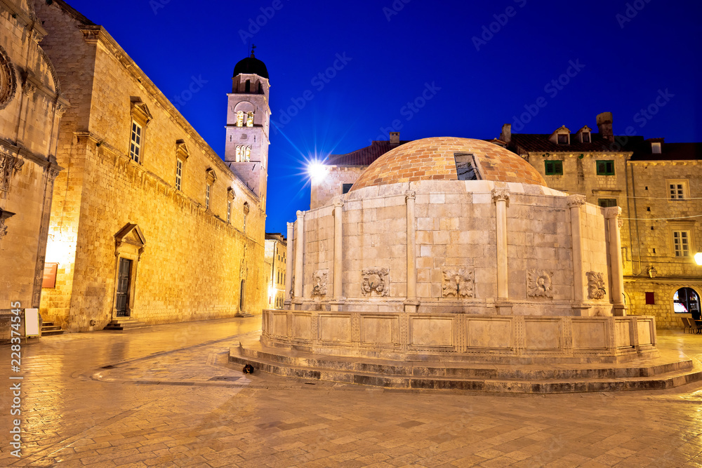 Onofrio Fountain and Stradun street in Dubrovnik evening view