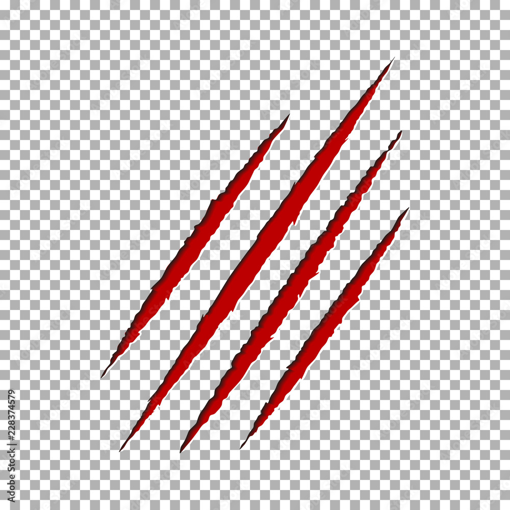 Monster tear claw scratch mark. Llion break paper isolated on transparent background. Red Claws scra
