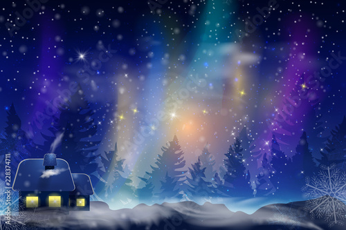 Winter blue sky with falling snow, snowflakes with winter landscape