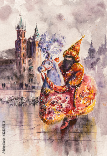 Lajkonik (man and horse) one of the symbols of the Cracow. Mariacki church i background. Picture created with watercolors. photo
