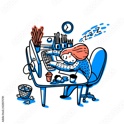 Concept of person overwhelmed by work. Information overload concept. Young woman sleeping on her workplace. Colorful vector illustration in flat cartoon style