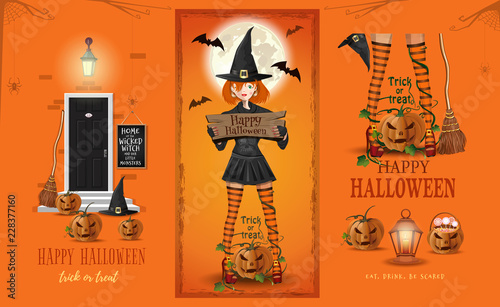 Halloween poster design with young cute witch and jack o lantern. Vector illustration