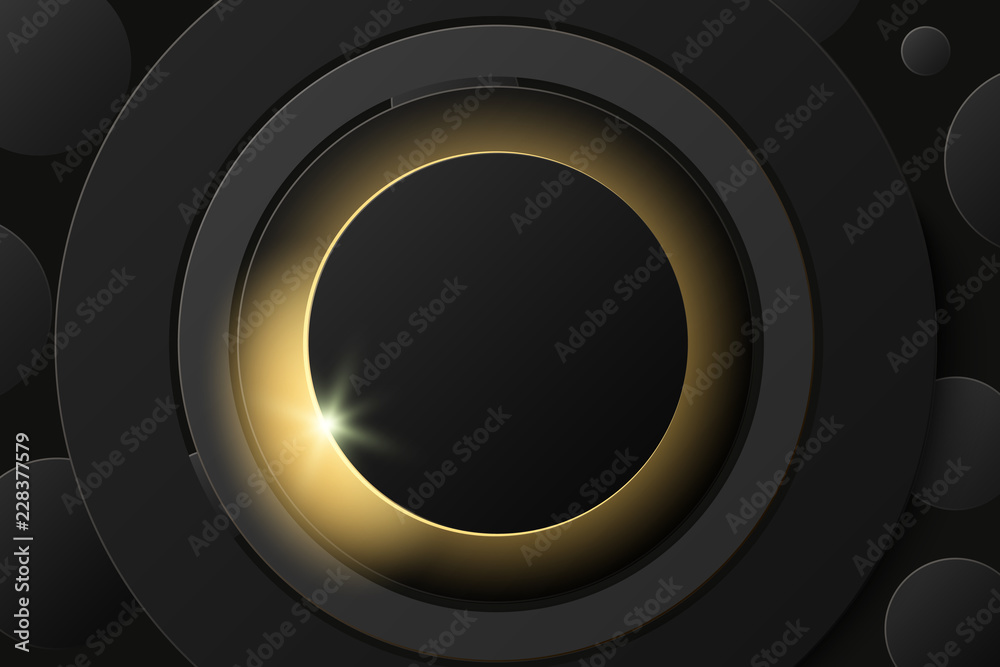 Vector solar eclipse, abstract black ring on black background. Round banner frame with place for text. Vector solar eclipse, abstract black ring on black background. Round banner frame with place for text.