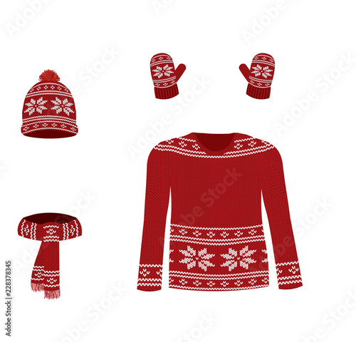 Red winter knitted set. vector illustration
