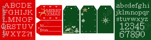 Knitted vector alphabet. Christmas font , embroidery letters, numbers. Gift tags Merry Xmas; from, to; simple labels with blank text space. Green and red background. Modern vector crochet collection 