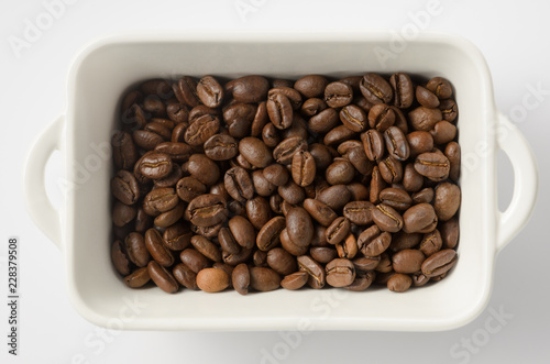 Coffee Beans In White Ceramic Bowl  Top View