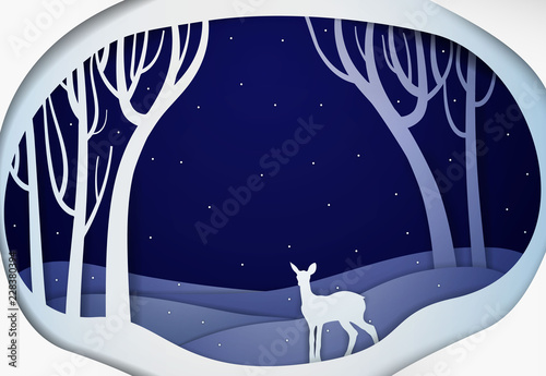 Paper winter forest night landscape with young deer, paper winter fairy tale background with bambi,