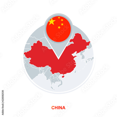 China map and flag, vector map icon with highlighted China