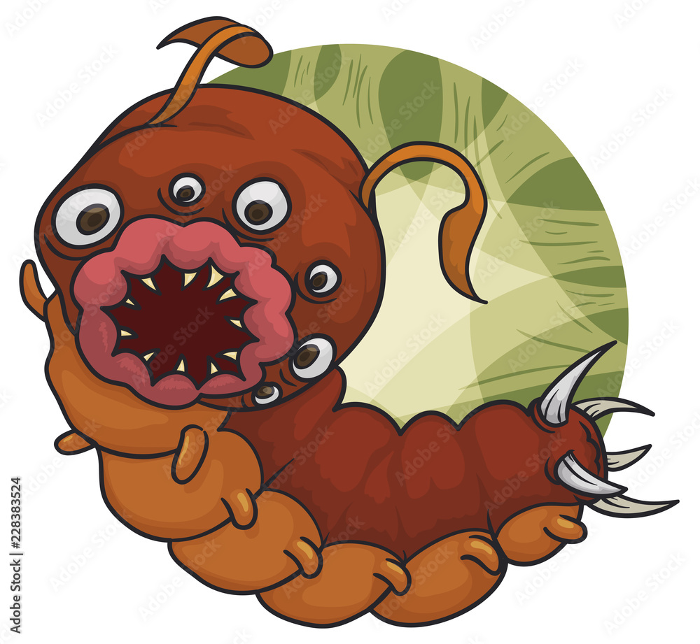 Mutant Caterpillar-Leech with a lot of Eyes and Fierce Mouth, Vector  Illustration Stock Vector