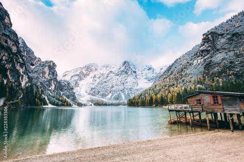 Great alpine lake Braies. Location place Dolomiti, national park Fanes-Sennes-Braies, Italy.