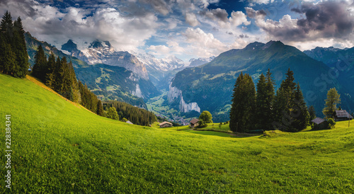 Scenic surroundings near the resort Wengen. Location place Swiss alp, Lauterbrunnen valley.