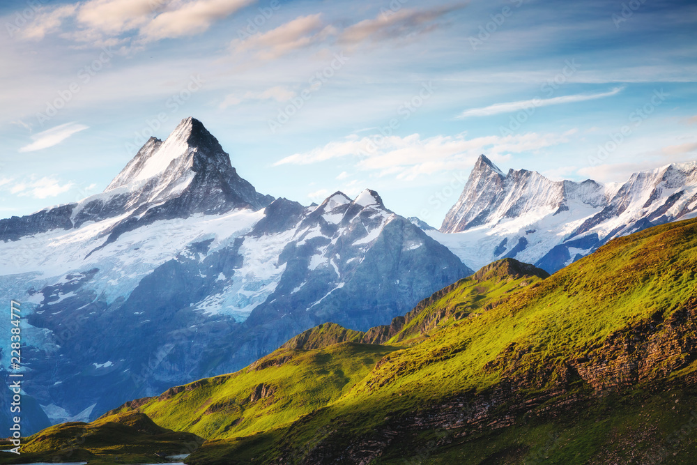 Great view of alpine hill. Location place Swiss alps, Grindelwald valley.