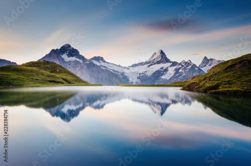 Great view of the snow rocky massif. Location Bachalpsee in Swiss alps  Grindelwald valley.