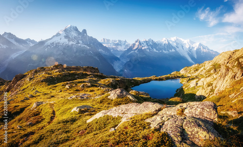 Views of the Mont Blanc glacier with Lac Blanc. Location Nature Reserve Aiguilles Rouges.