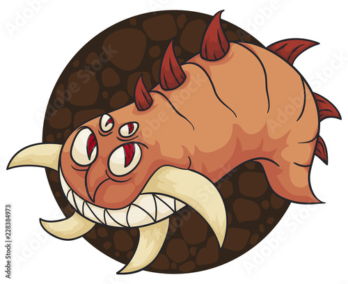 Mischievous Mutant Worm with Macabre and Cool Smile and Tusks, Vector Illustration