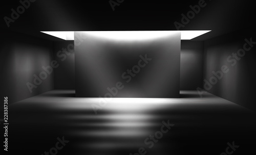 Background of empty dark room with concrete floor. Empty walls, neon light, smoke.