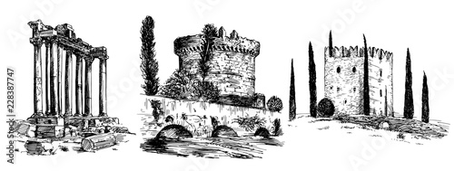Set of romantic Italian castles and monuments. Hand drawn set