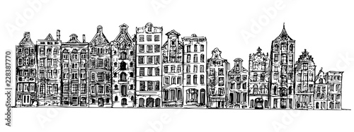Amsterdam canal houses. Buildings standing in row. Hand drawn illustration.