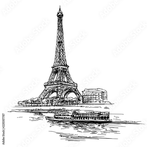 Eiffel tower. Paris, France. Hand drawn illustration.