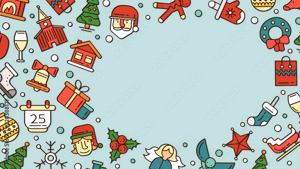 Naklejka premium Christmas and new year illustrations for the holidays. 3D icons and patterns, Santa Flatley. Gifts and 2019 inscription.
