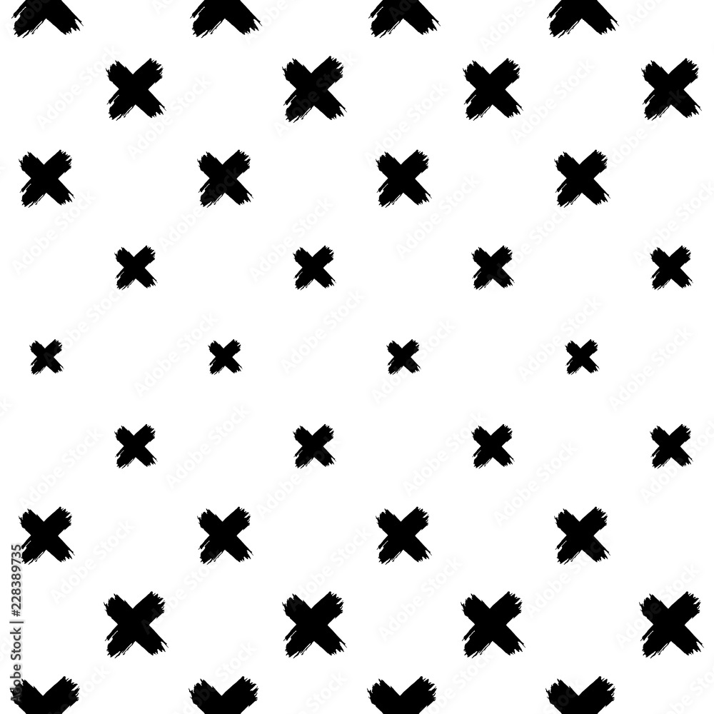 Seamless pattern with black crosses on white background. Rough brush painted vector backdrop. Ink grunge texture. Seamless pattern with black crosses on white background. Rough brush painted vector backdrop. Ink grunge texture.