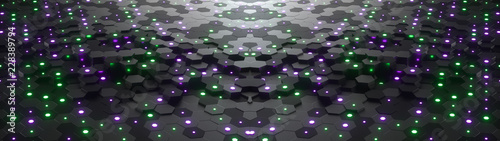 Abstract hexagonal geometric ultra wide background. Structure of lots of hexagons of carbon fiber with small glowing hexagons above. Dark and luminous geometric elements. 3d rendering