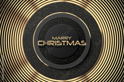 Merry Christmas. Abstract holiday cover banner template. Black background with round shapes. Vector 3d illustration. Congratulation sign. Festive Xmas poster design. Merry christmas card.
