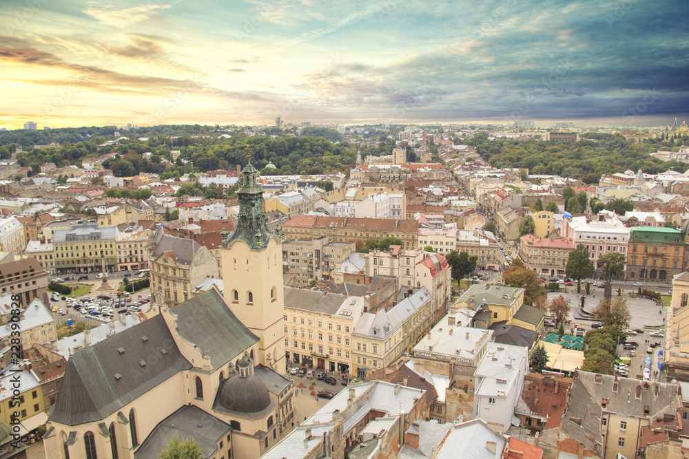 Beautiful view of the Town Hall Tower, Adam Mickiewicz Square and the historical center of Lviv, Ukraine