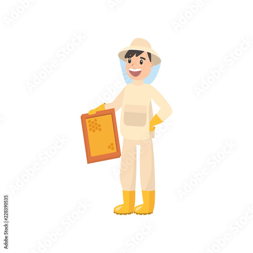 Beekeeper collects honey from bees. Beekeeper in a bee protection suit with a jar of honey.