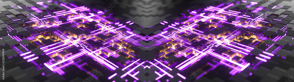 Fototapeta premium Abstract cubic geometric surface. Connection concept. Structure of lots of carbon fiber blocks with digital glowing lines. Dark and luminous geometric elements with depth of field effect. 3d rendering