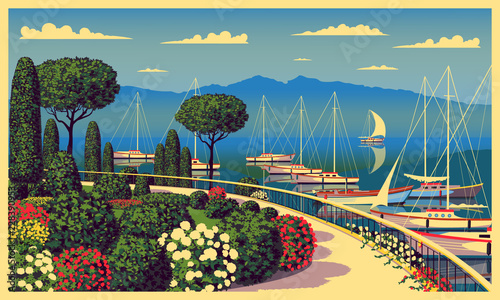 Mediterranean romantic landscape. Handmade drawing vector illustration. All buildings - customizable different objects. Can be used for posters, banners, postcards, books & etc.