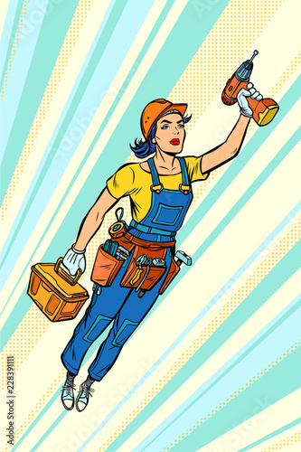 woman with drill, repair and construction. Superhero flying