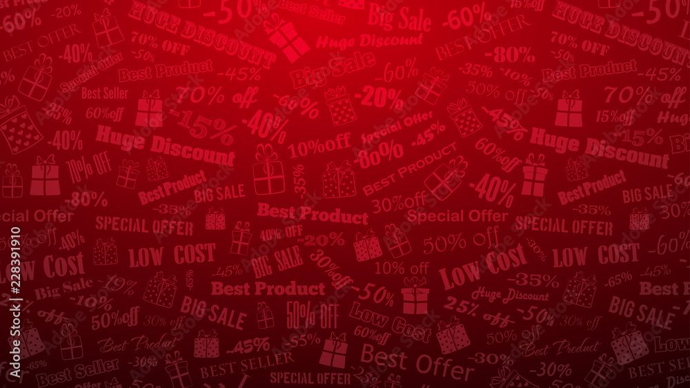 Background on discounts and special offers, made of inscriptions and gift boxes, in red colors
