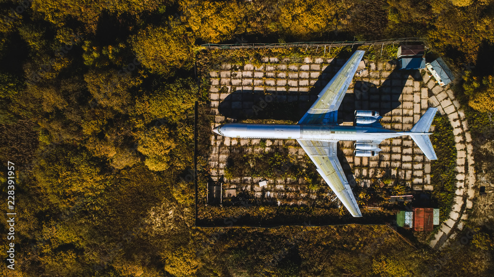 Fototapeta premium Aerial view of the plane in the autumn forest. Top view. Beautiful autumn landscape with a plane.