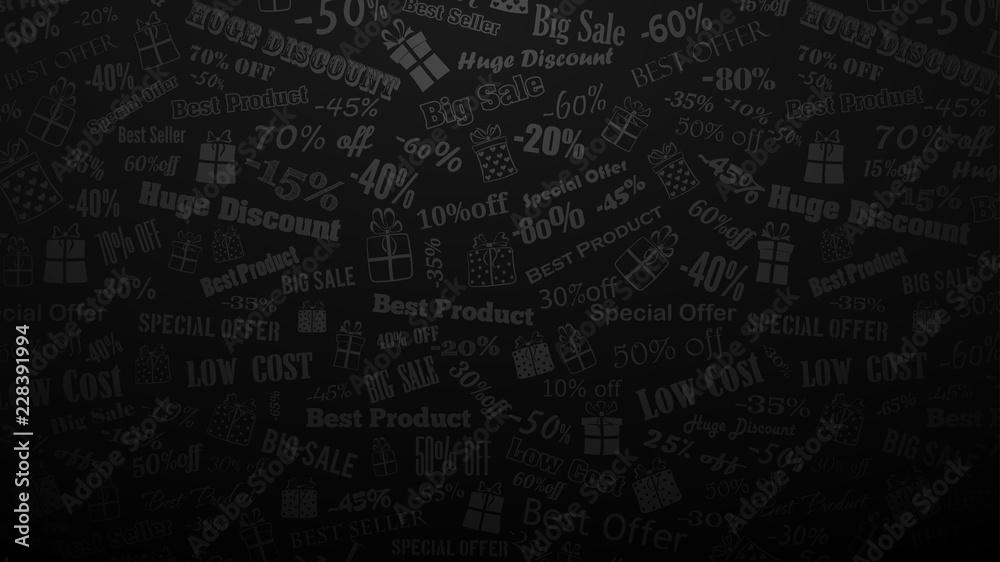 Background on discounts and special offers, made of inscriptions and gift boxes, in black and gray colors Background on discounts and special offers, made of inscriptions and gift boxes, in black and gray colors