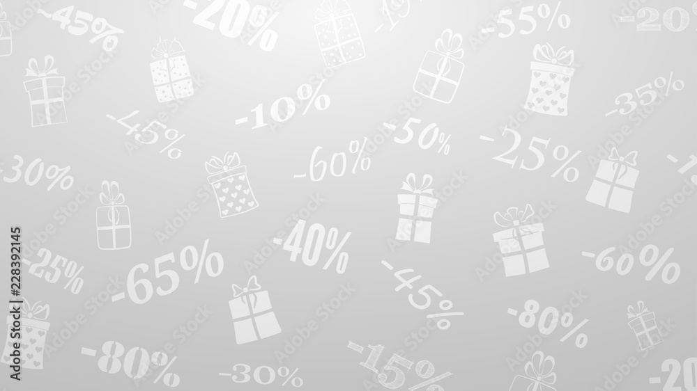 Background on discounts and special offers, made of inscriptions and gift boxes, in white and gray colors Background on discounts and special offers, made of inscriptions and gift boxes, in white and gray colors