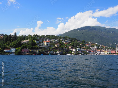 Alpine cityscape of european city of Ascona and panorama of Lake Maggiore at riviera landscape in SWITZERLAND