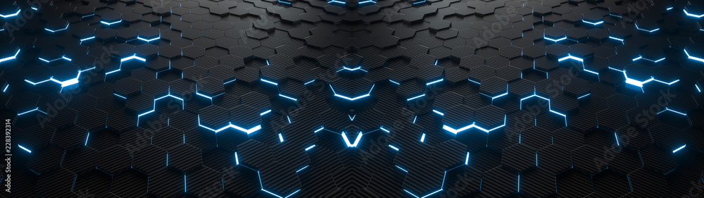 Abstract hexagonal geometric ultra wide background. Structure of lots of hexagons of carbon fiber with bright energy light breaking through the cracks. 3d rendering - obrazy, fototapety, plakaty 